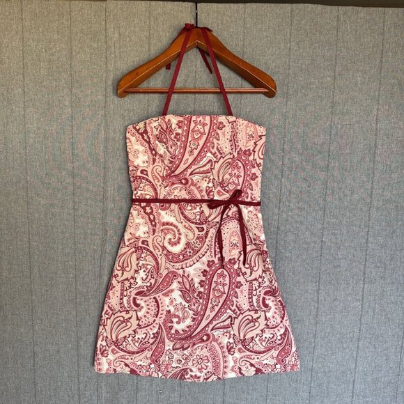 Y2K Vintage Old Navy Ivory Burgundy Pink Paisley Print Halter Neck Dress Size 10 - Picture 1 of 16